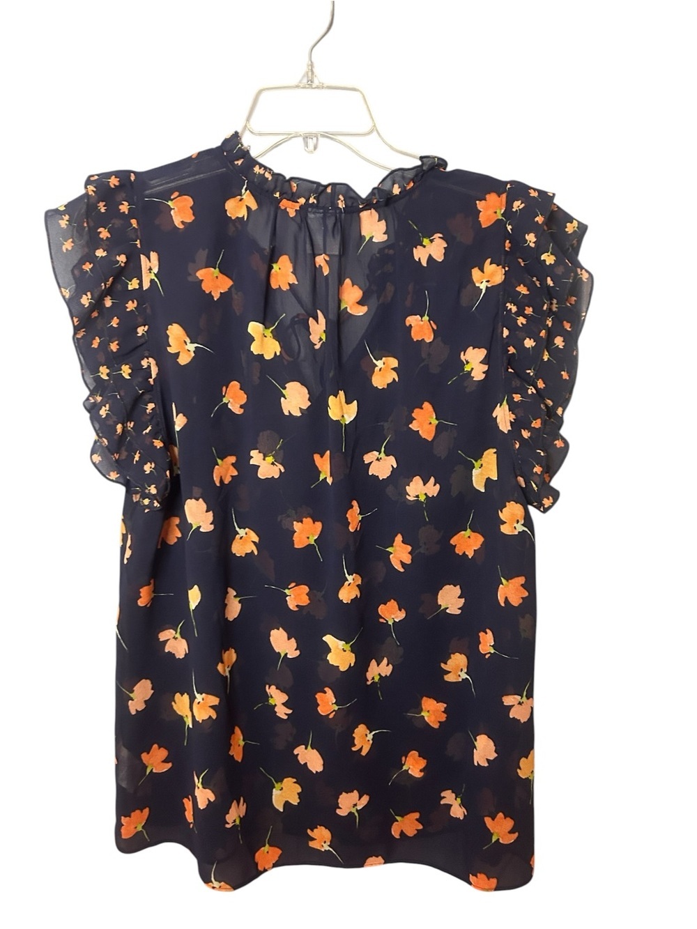 Cabi Navy Sheer Floral Ruffle Sleeve Blouse Small Tie Neck - Picture 4 of 11